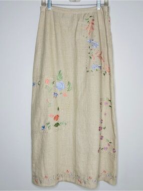 The Eagle’s Eye Vintage Size 8 Linen Embroidered Stitch Maxi Skirt Beige Floral